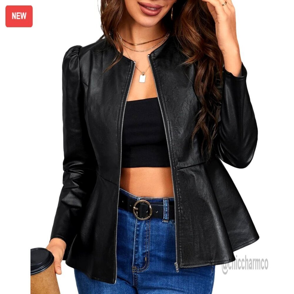 Faux Leather Peplum Jacket with Puff Sleeves, Zipper, Cropped Fit